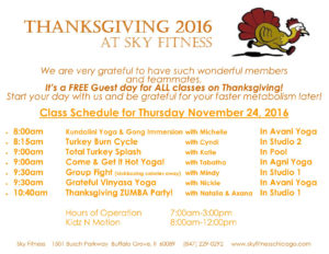 Sky Fitness Chicago - Thankgiving 2016 - special hours and free guest day